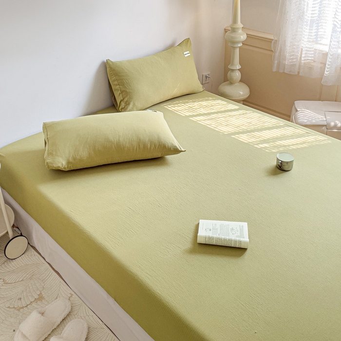 91家纺网 家纺一手货源 找家纺 澜妃 2025新款云感提花双层纱单床笠 床笠单件 芥末绿泡泡