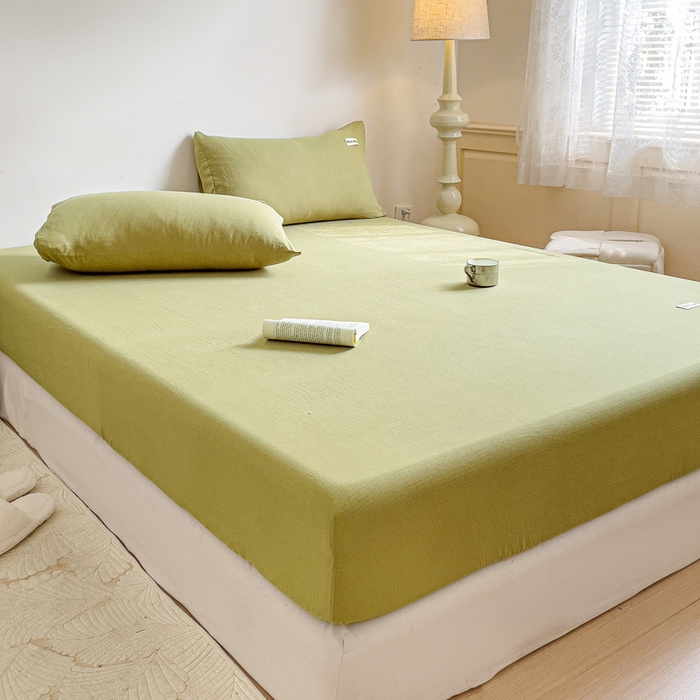 91家纺网 家纺一手货源 找家纺 澜妃 2025新款云感提花双层纱单床笠 床笠单件 芥末绿泡泡