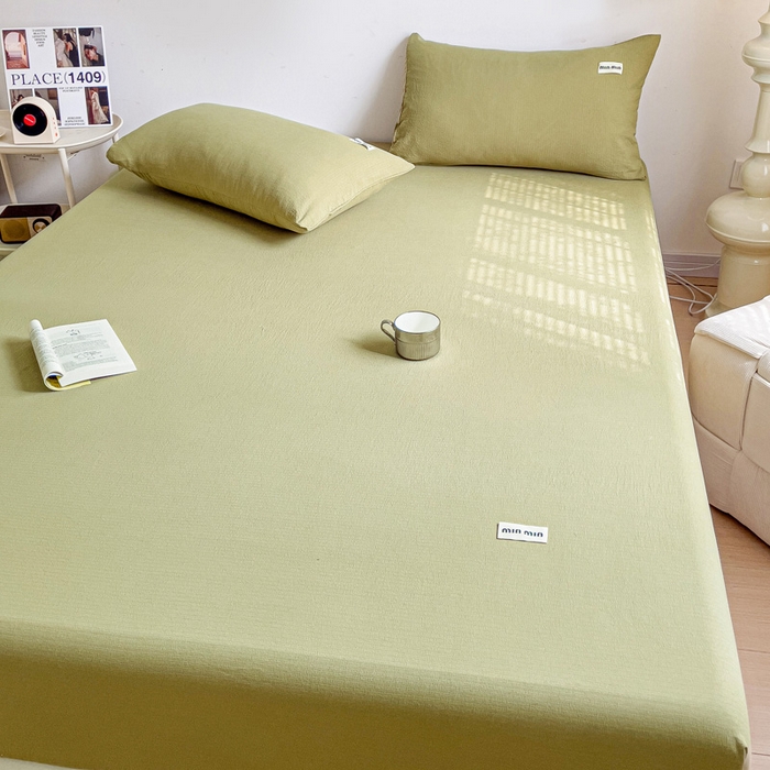 91家纺网 家纺一手货源 找家纺 澜妃 2025新款云感提花双层纱单床笠 床笠单件 芥末绿泡泡