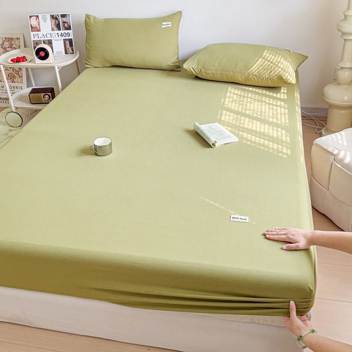 91家纺网 家纺一手货源 找家纺 澜妃 2025新款云感提花双层纱单床笠 床笠单件 芥末绿泡泡