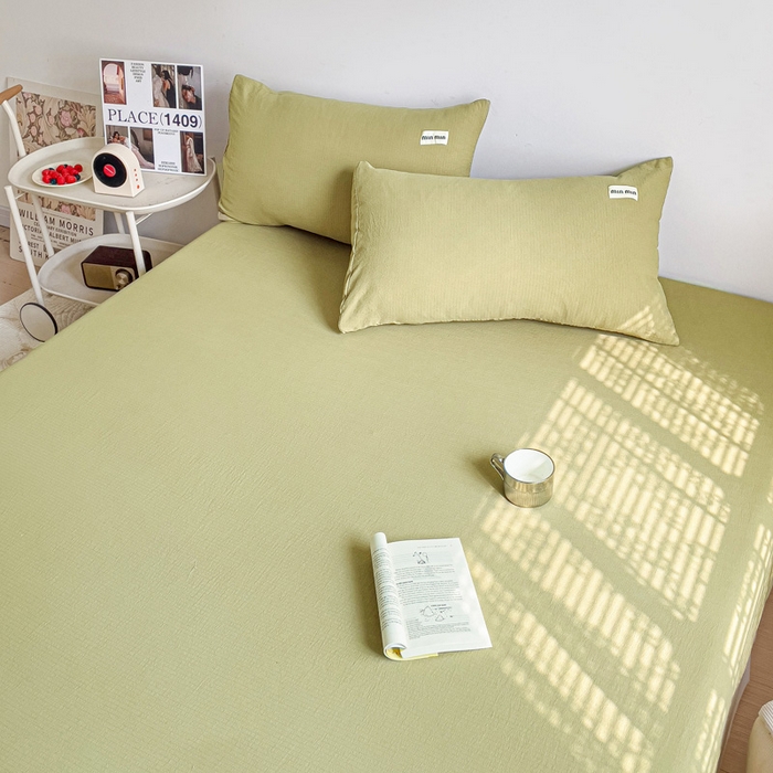 91家纺网 家纺一手货源 找家纺 澜妃 2025新款云感提花双层纱单床笠 床笠单件 芥末绿泡泡