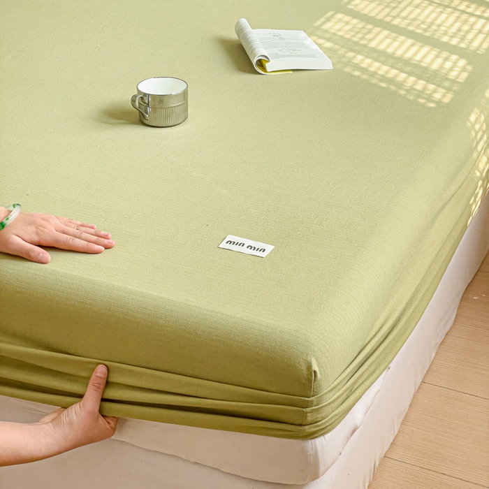 91家纺网 家纺一手货源 找家纺 澜妃 2025新款云感提花双层纱单床笠 床笠单件 芥末绿泡泡