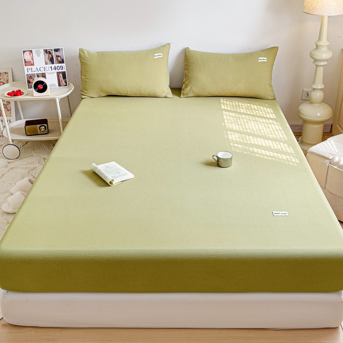 91家纺网 家纺一手货源 找家纺 澜妃 2025新款云感提花双层纱单床笠 床笠单件 芥末绿泡泡