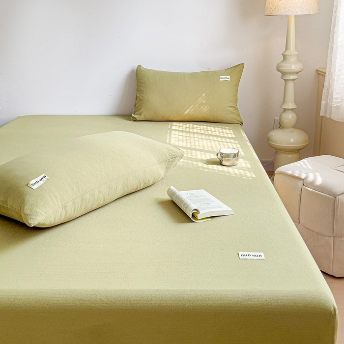 91家纺网 家纺一手货源 找家纺 澜妃 2025新款云感提花双层纱单床笠 床笠单件 芥末绿泡泡