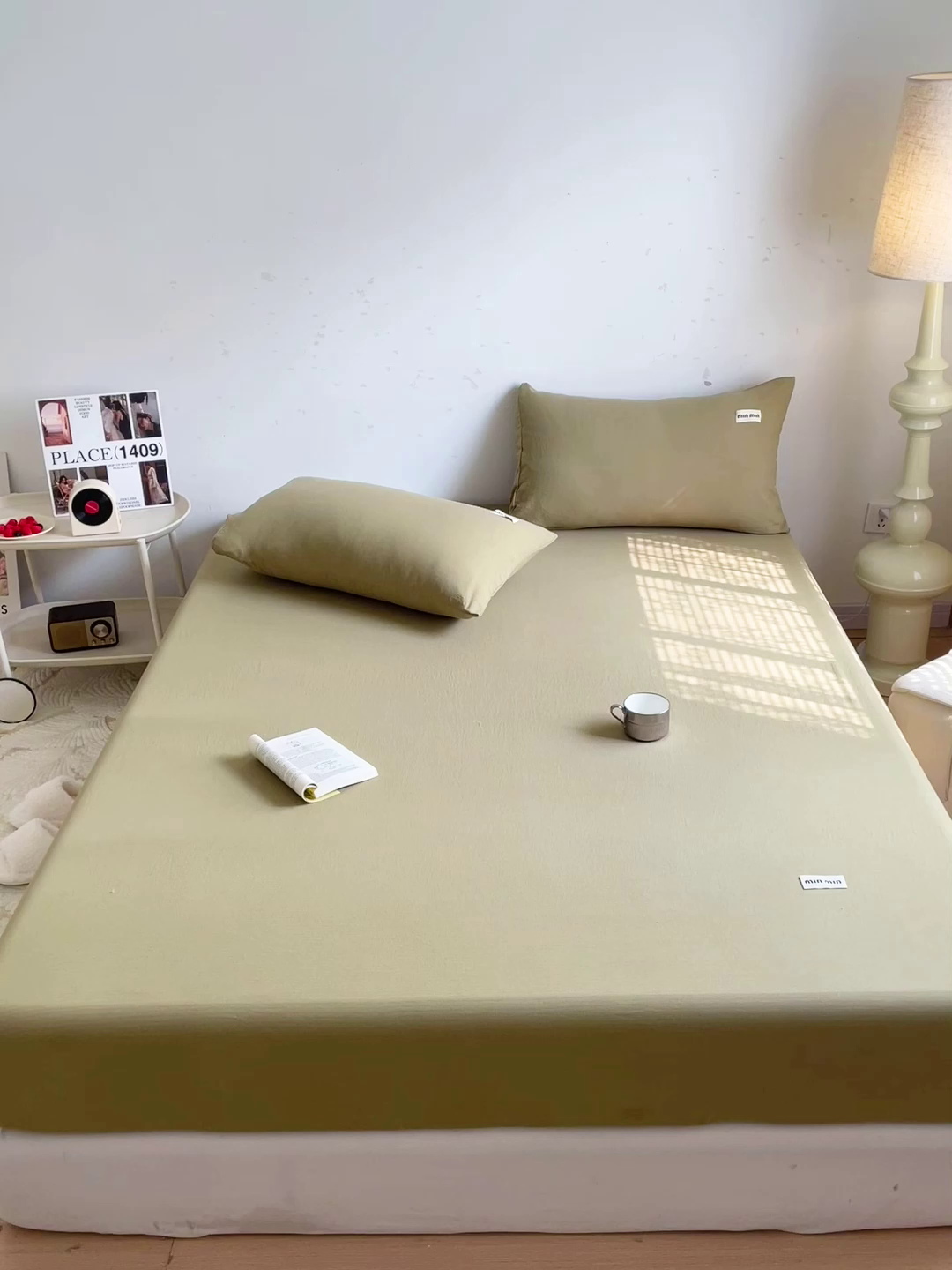 91家纺网 家纺一手货源 找家纺 澜妃 2025新款云感提花双层纱单床笠 床笠单件 芥末绿泡泡