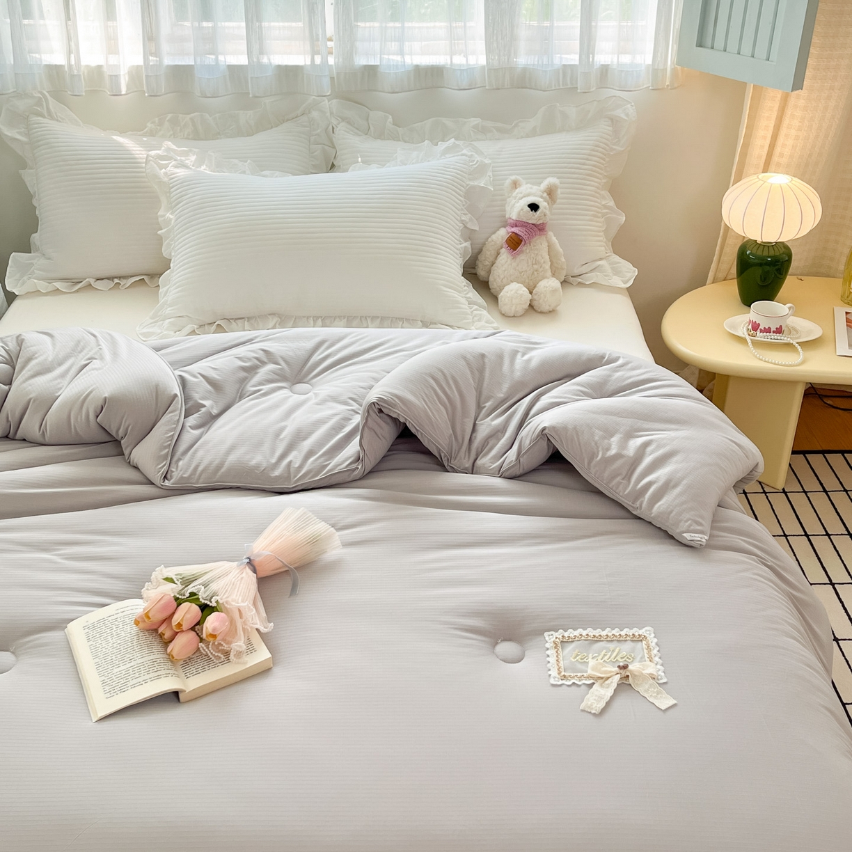 91家纺网 家纺一手货源 找家纺 花满路 2025新款成人秋冬被子被芯 珍珠灰