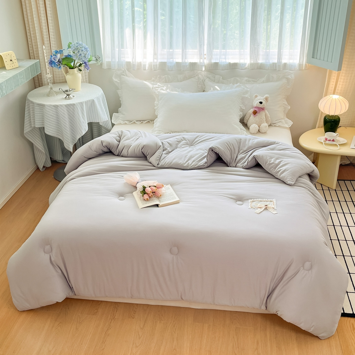 91家纺网 家纺一手货源 找家纺 花满路 2025新款成人秋冬被子被芯 珍珠灰