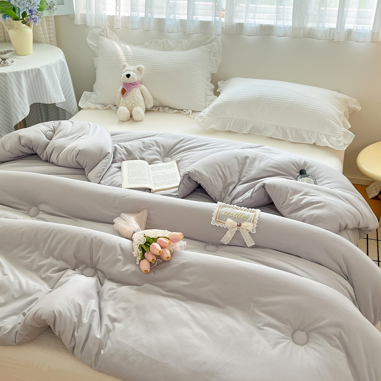 91家纺网 家纺一手货源 找家纺 花满路 2025新款成人秋冬被子被芯 珍珠灰