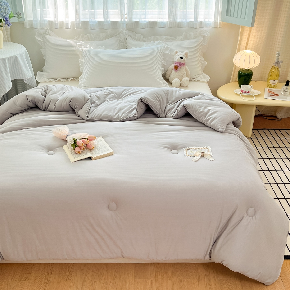 91家纺网 家纺一手货源 找家纺 花满路 2025新款成人秋冬被子被芯 珍珠灰