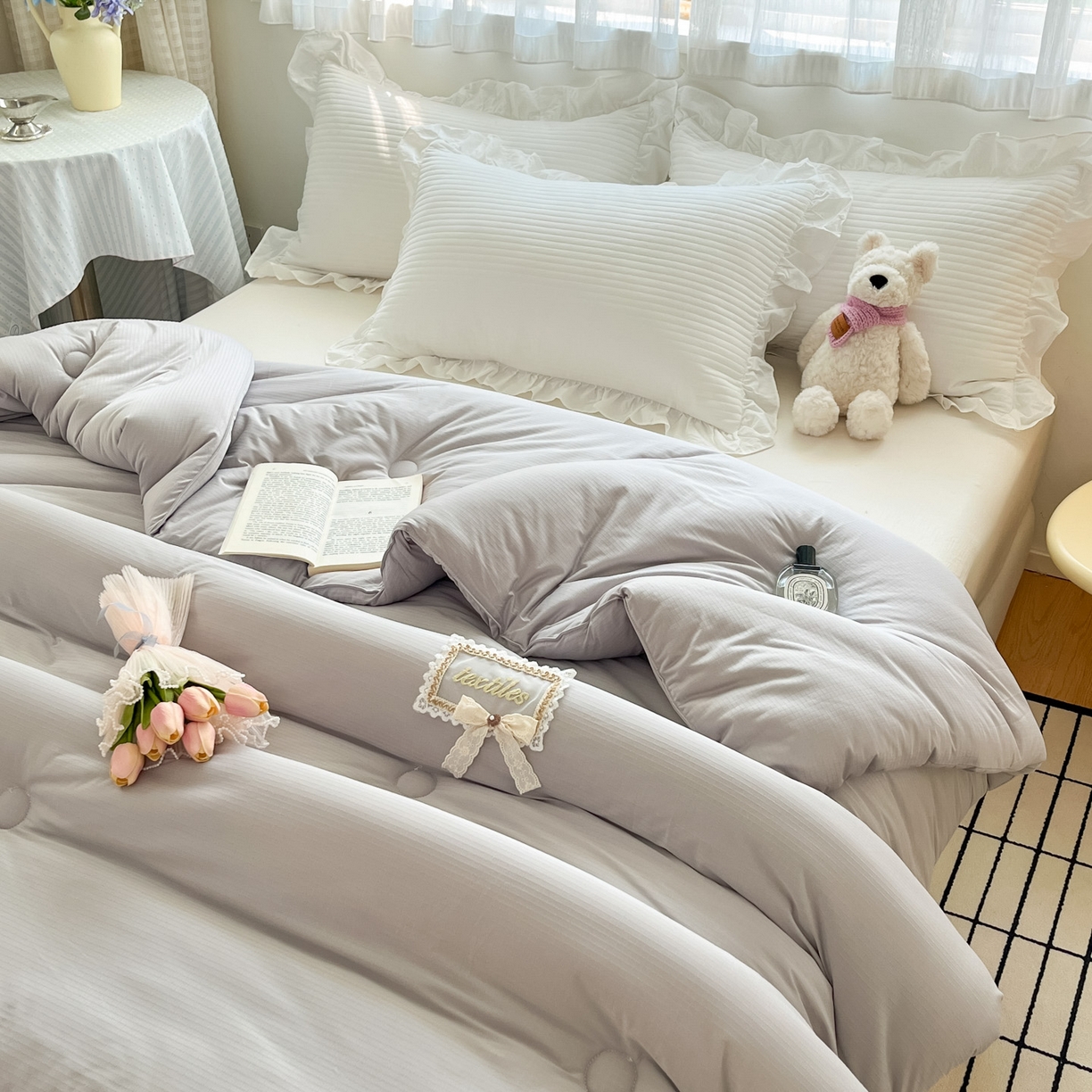 91家纺网 家纺一手货源 找家纺 花满路 2025新款成人秋冬被子被芯 珍珠灰