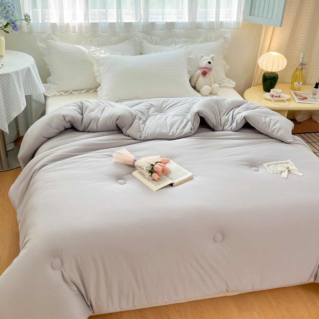 91家纺网 家纺一手货源 找家纺 花满路 2025新款成人秋冬被子被芯 珍珠灰