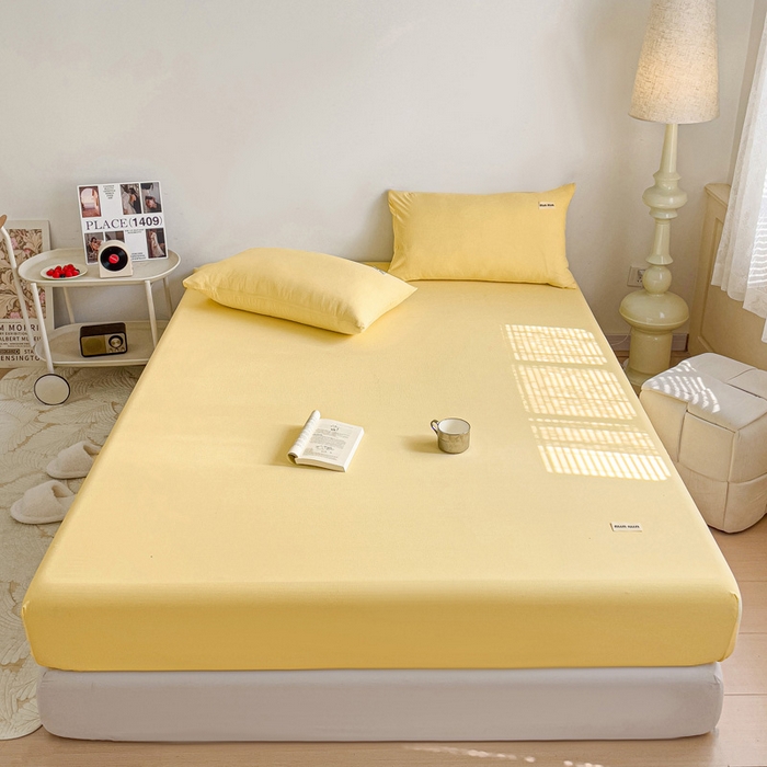 91家纺网 家纺一手货源 找家纺 澜妃 2025新款云感提花双层纱单床笠 床笠单件 米黄泡泡