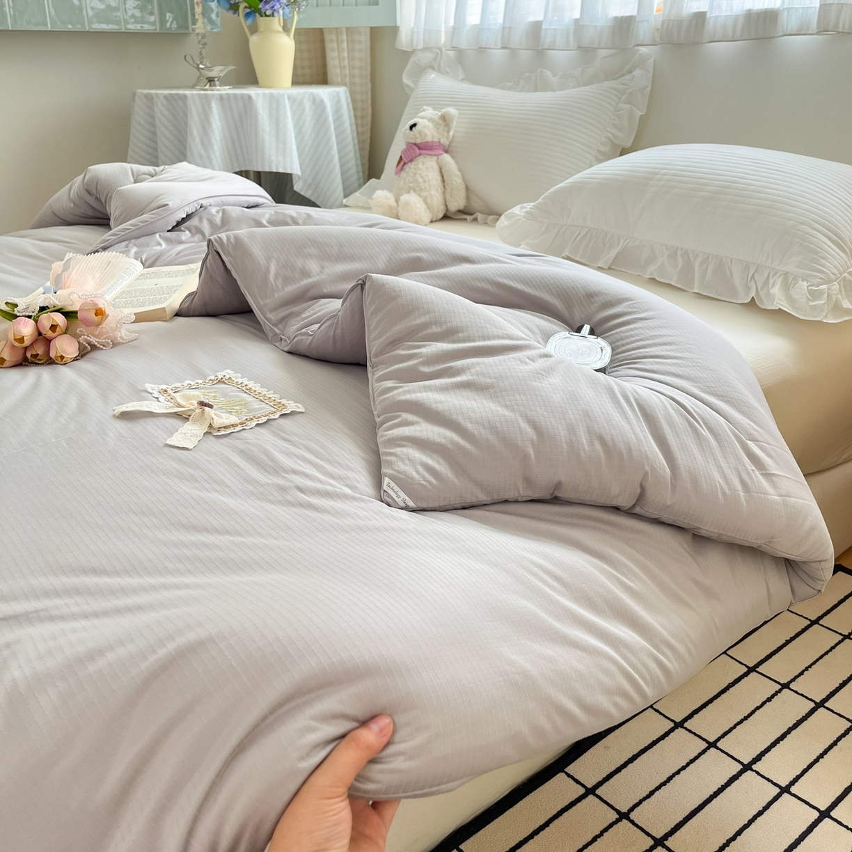 91家纺网 家纺一手货源 找家纺 花满路 2025新款成人秋冬被子被芯 珍珠灰