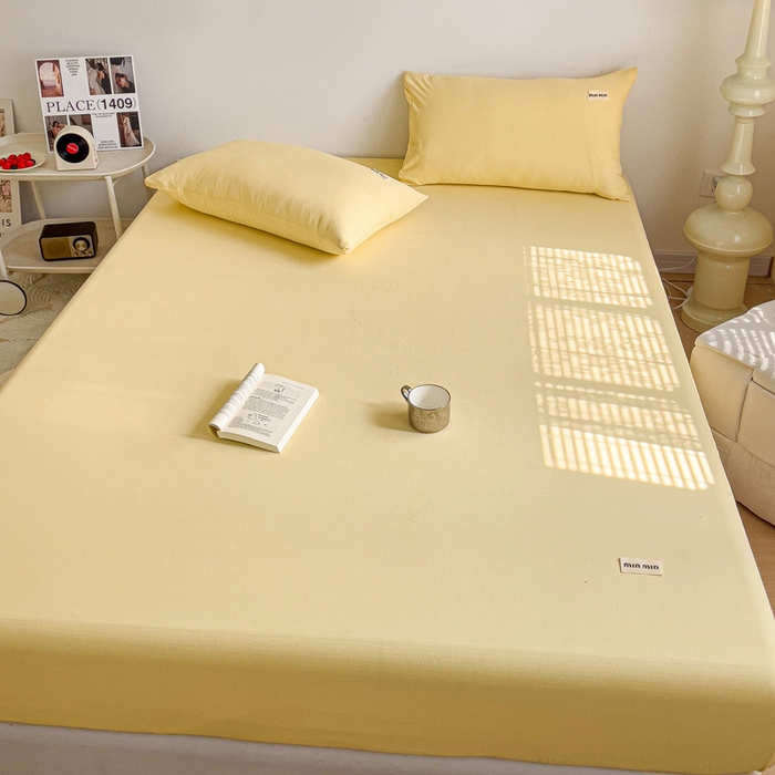 91家纺网 家纺一手货源 找家纺 澜妃 2025新款云感提花双层纱单床笠 床笠单件 米黄泡泡