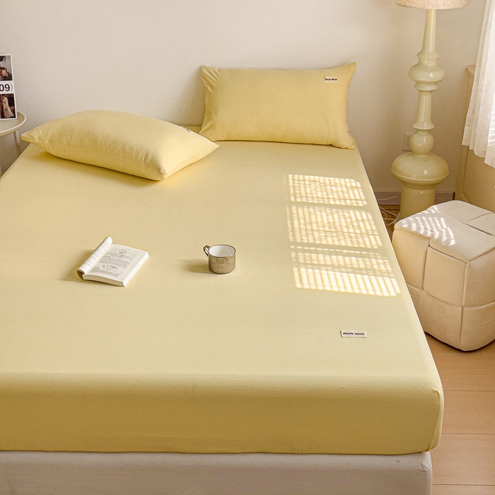 91家纺网 家纺一手货源 找家纺 澜妃 2025新款云感提花双层纱单床笠 床笠单件 米黄泡泡