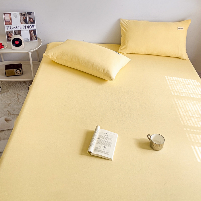 91家纺网 家纺一手货源 找家纺 澜妃 2025新款云感提花双层纱单床笠 床笠单件 米黄泡泡