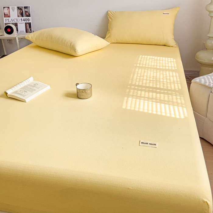 91家纺网 家纺一手货源 找家纺 澜妃 2025新款云感提花双层纱单床笠 床笠单件 米黄泡泡