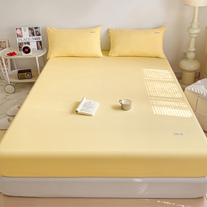 91家纺网 家纺一手货源 找家纺 澜妃 2025新款云感提花双层纱单床笠 床笠单件 米黄泡泡