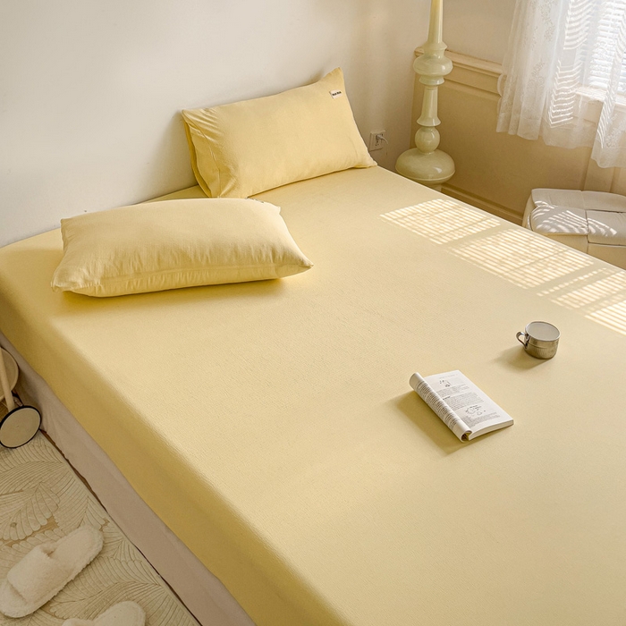 91家纺网 家纺一手货源 找家纺 澜妃 2025新款云感提花双层纱单床笠 床笠单件 米黄泡泡