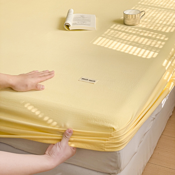 91家纺网 家纺一手货源 找家纺 澜妃 2025新款云感提花双层纱单床笠 床笠单件 米黄泡泡