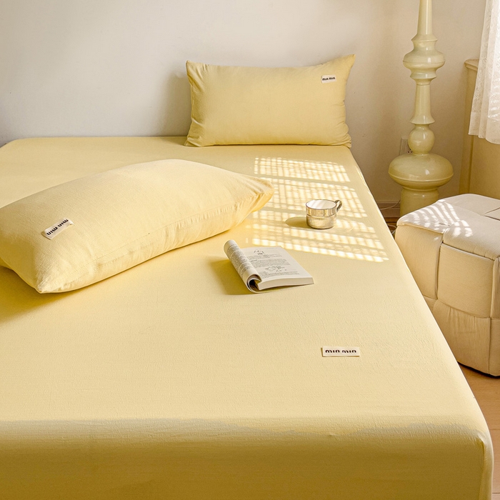 91家纺网 家纺一手货源 找家纺 澜妃 2025新款云感提花双层纱单床笠 床笠单件 米黄泡泡