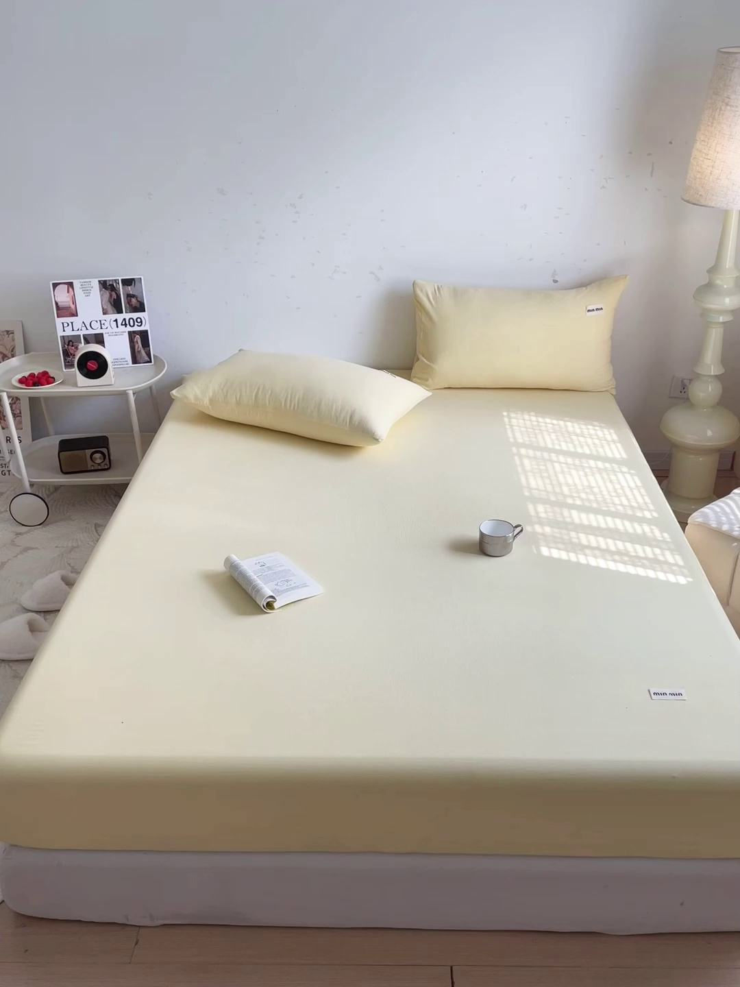 91家纺网 家纺一手货源 找家纺 澜妃 2025新款云感提花双层纱单床笠 床笠单件 米黄泡泡