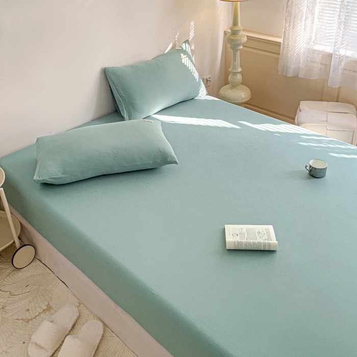 91家纺网 家纺一手货源 找家纺 澜妃 2025新款云感提花双层纱单床笠 床笠单件 青绿泡泡