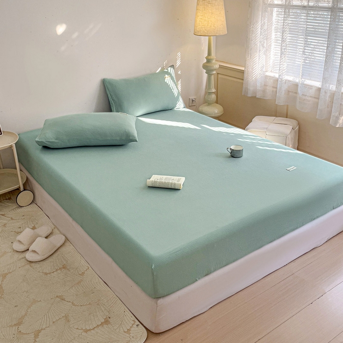 91家纺网 家纺一手货源 找家纺 澜妃 2025新款云感提花双层纱单床笠 床笠单件 青绿泡泡