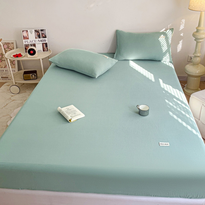 91家纺网 家纺一手货源 找家纺 澜妃 2025新款云感提花双层纱单床笠 床笠单件 青绿泡泡