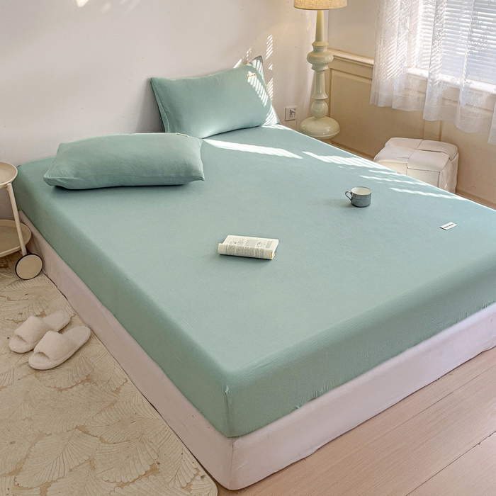 91家纺网 家纺一手货源 找家纺 澜妃 2025新款云感提花双层纱单床笠 床笠单件 青绿泡泡