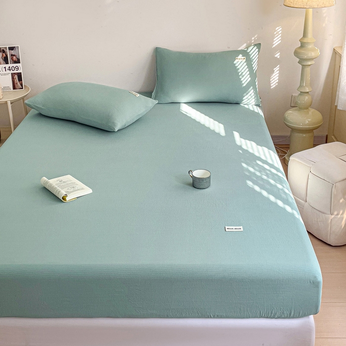 91家纺网 家纺一手货源 找家纺 澜妃 2025新款云感提花双层纱单床笠 床笠单件 青绿泡泡