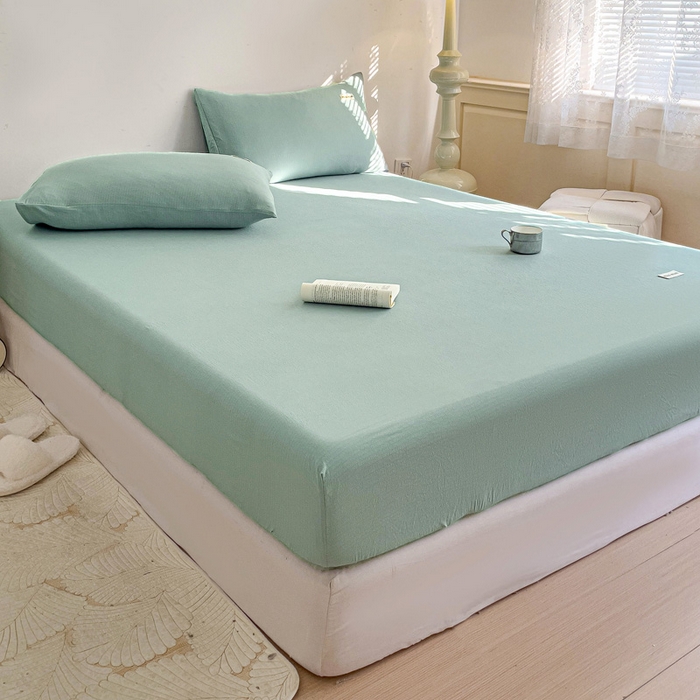 91家纺网 家纺一手货源 找家纺 澜妃 2025新款云感提花双层纱单床笠 床笠单件 青绿泡泡