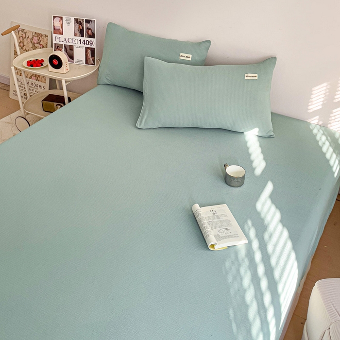 91家纺网 家纺一手货源 找家纺 澜妃 2025新款云感提花双层纱单床笠 床笠单件 青绿泡泡