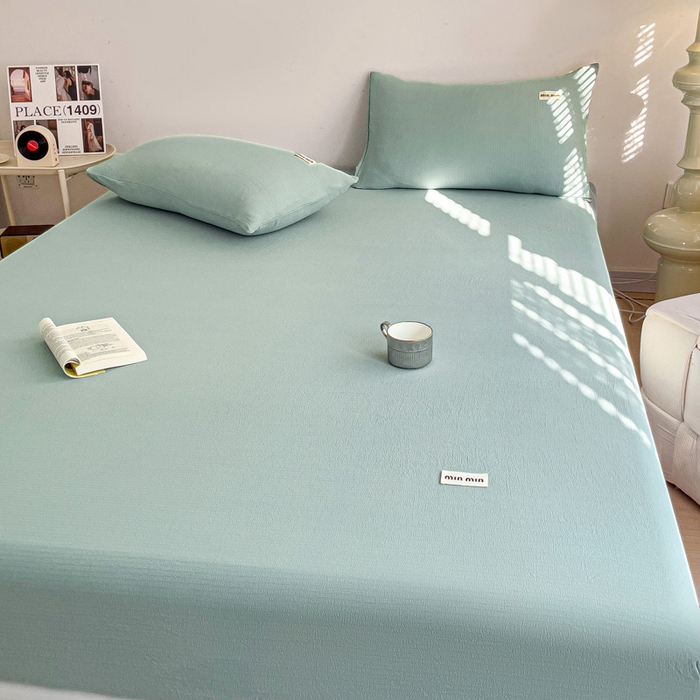 91家纺网 家纺一手货源 找家纺 澜妃 2025新款云感提花双层纱单床笠 床笠单件 青绿泡泡