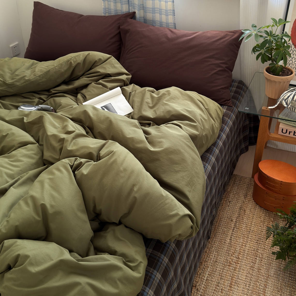 玖弘家居 2025新款纯色被套格子单混搭四件套 海岸蓝格-橄榄绿（枕套巧克力棕）