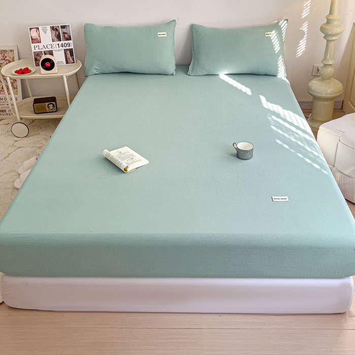 91家纺网 家纺一手货源 找家纺 澜妃 2025新款云感提花双层纱单床笠 床笠单件 青绿泡泡