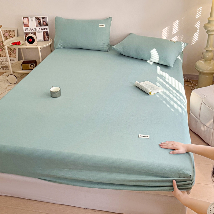 91家纺网 家纺一手货源 找家纺 澜妃 2025新款云感提花双层纱单床笠 床笠单件 青绿泡泡