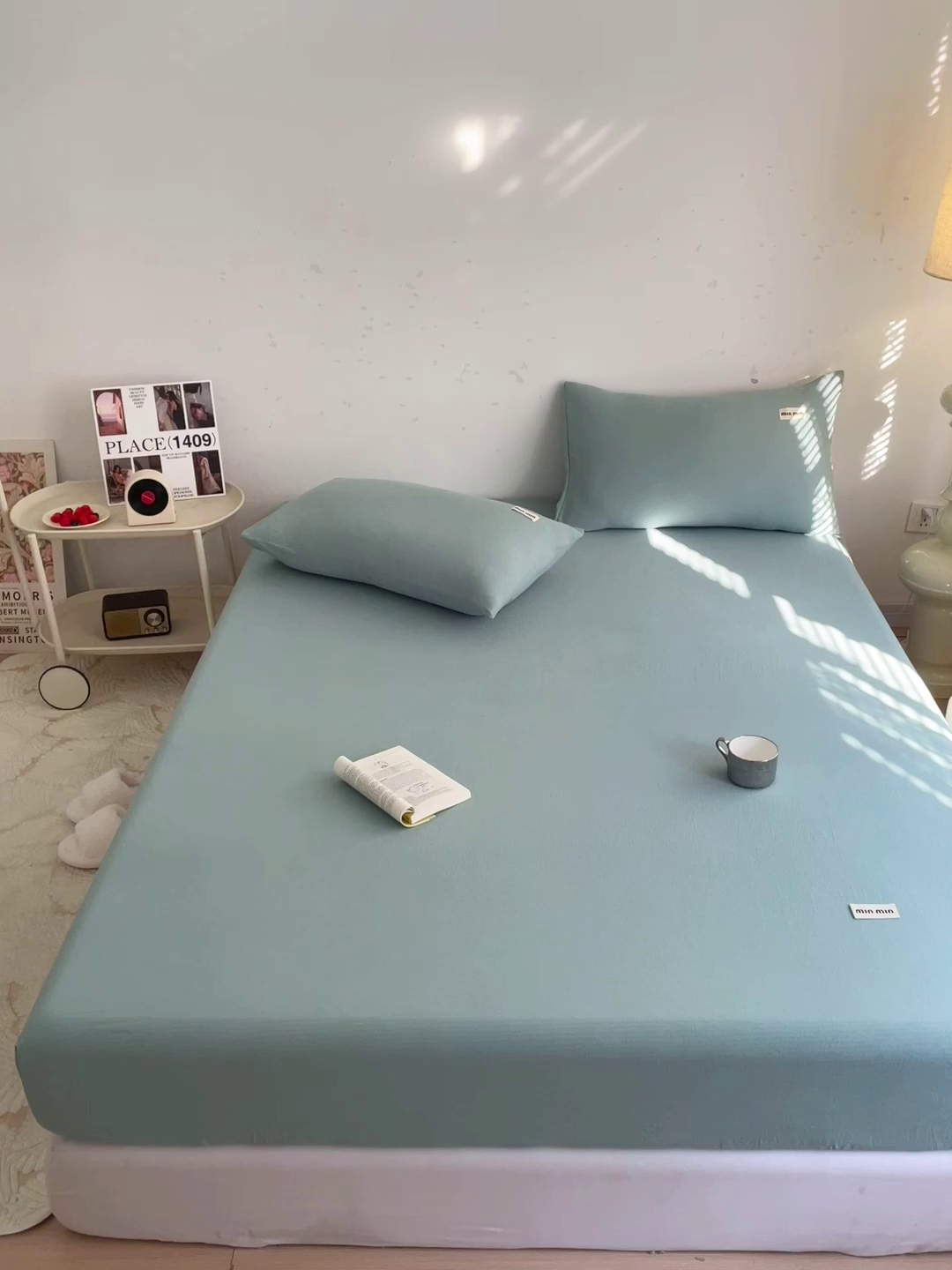 91家纺网 家纺一手货源 找家纺 澜妃 2025新款云感提花双层纱单床笠 床笠单件 青绿泡泡