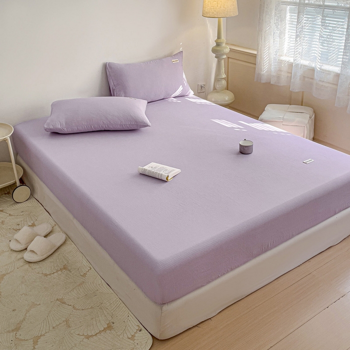 91家纺网 家纺一手货源 找家纺 澜妃 2025新款云感提花双层纱单床笠 床笠单件 青紫泡泡