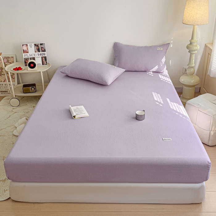 91家纺网 家纺一手货源 找家纺 澜妃 2025新款云感提花双层纱单床笠 床笠单件 青紫泡泡