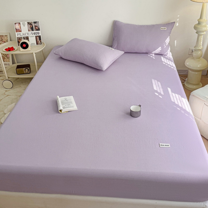 91家纺网 家纺一手货源 找家纺 澜妃 2025新款云感提花双层纱单床笠 床笠单件 青紫泡泡