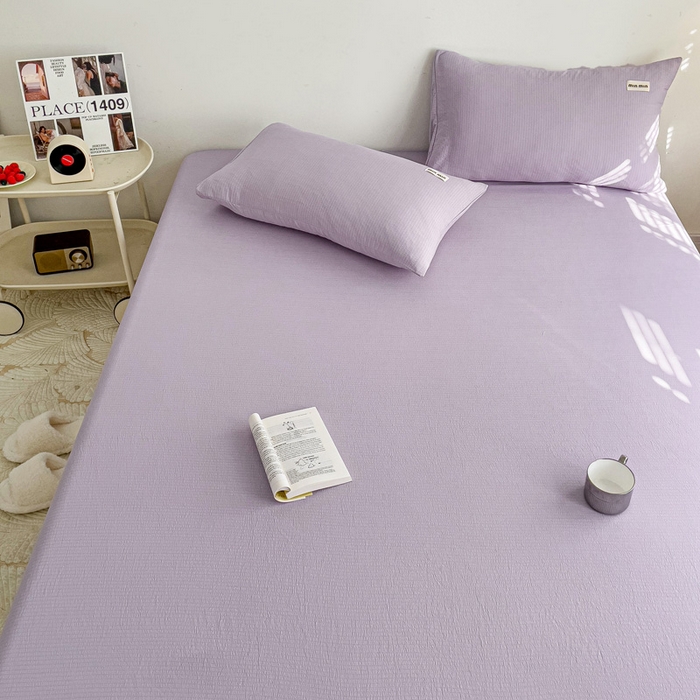 91家纺网 家纺一手货源 找家纺 澜妃 2025新款云感提花双层纱单床笠 床笠单件 青紫泡泡