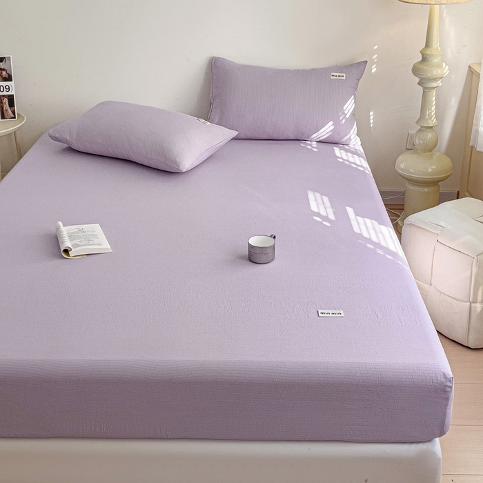 91家纺网 家纺一手货源 找家纺 澜妃 2025新款云感提花双层纱单床笠 床笠单件 青紫泡泡