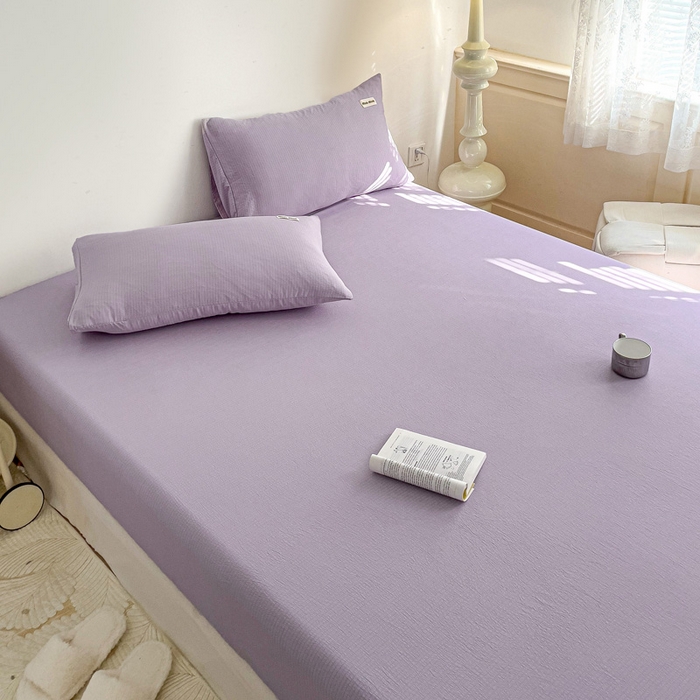 91家纺网 家纺一手货源 找家纺 澜妃 2025新款云感提花双层纱单床笠 床笠单件 青紫泡泡