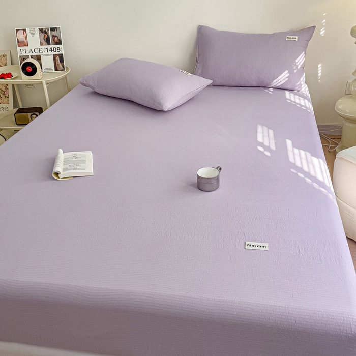 91家纺网 家纺一手货源 找家纺 澜妃 2025新款云感提花双层纱单床笠 床笠单件 青紫泡泡