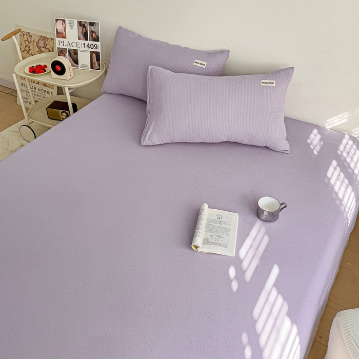 91家纺网 家纺一手货源 找家纺 澜妃 2025新款云感提花双层纱单床笠 床笠单件 青紫泡泡