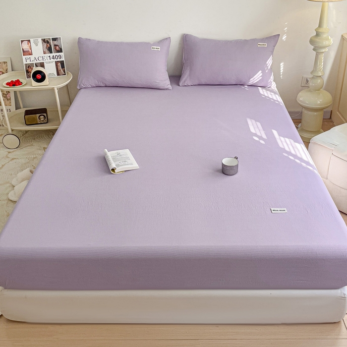 91家纺网 家纺一手货源 找家纺 澜妃 2025新款云感提花双层纱单床笠 床笠单件 青紫泡泡