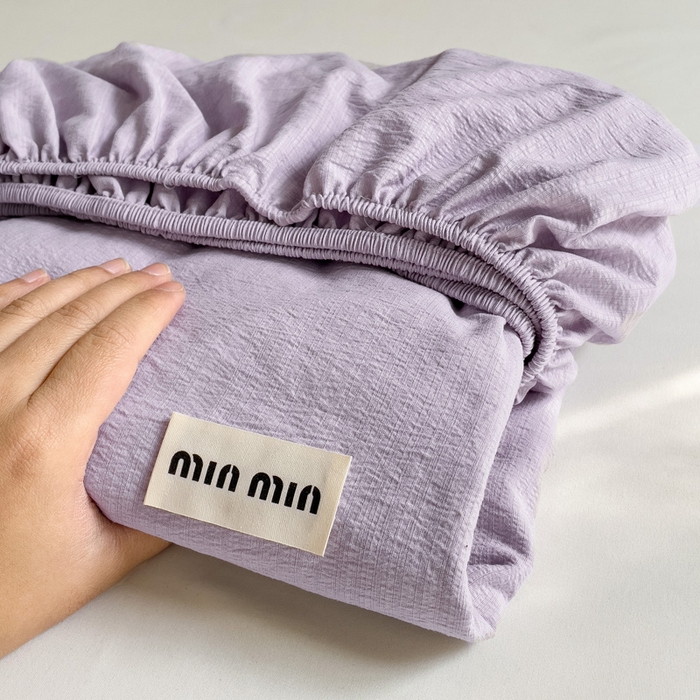 91家纺网 家纺一手货源 找家纺 澜妃 2025新款云感提花双层纱单床笠 床笠单件 青紫泡泡