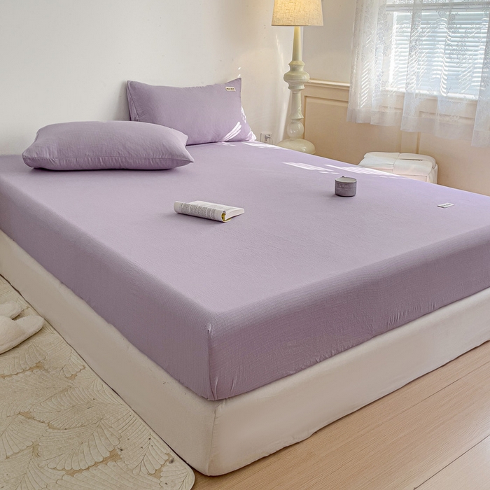 91家纺网 家纺一手货源 找家纺 澜妃 2025新款云感提花双层纱单床笠 床笠单件 青紫泡泡