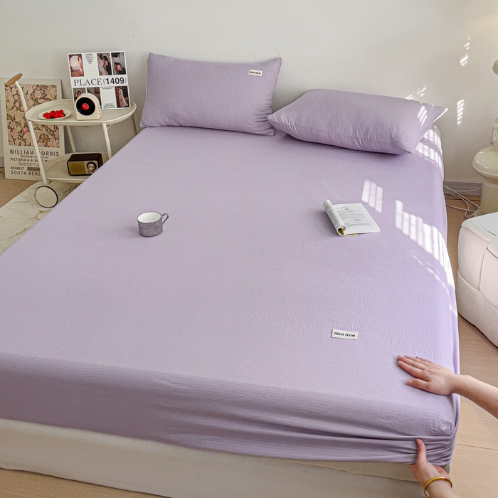 91家纺网 家纺一手货源 找家纺 澜妃 2025新款云感提花双层纱单床笠 床笠单件 青紫泡泡